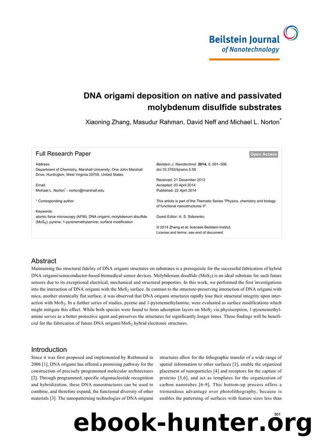 DNA origami deposition on native and passivated molybdenum disulfide substrates by Xiaoning Zhang Masudur Rahman David Neff Michael L. Norton