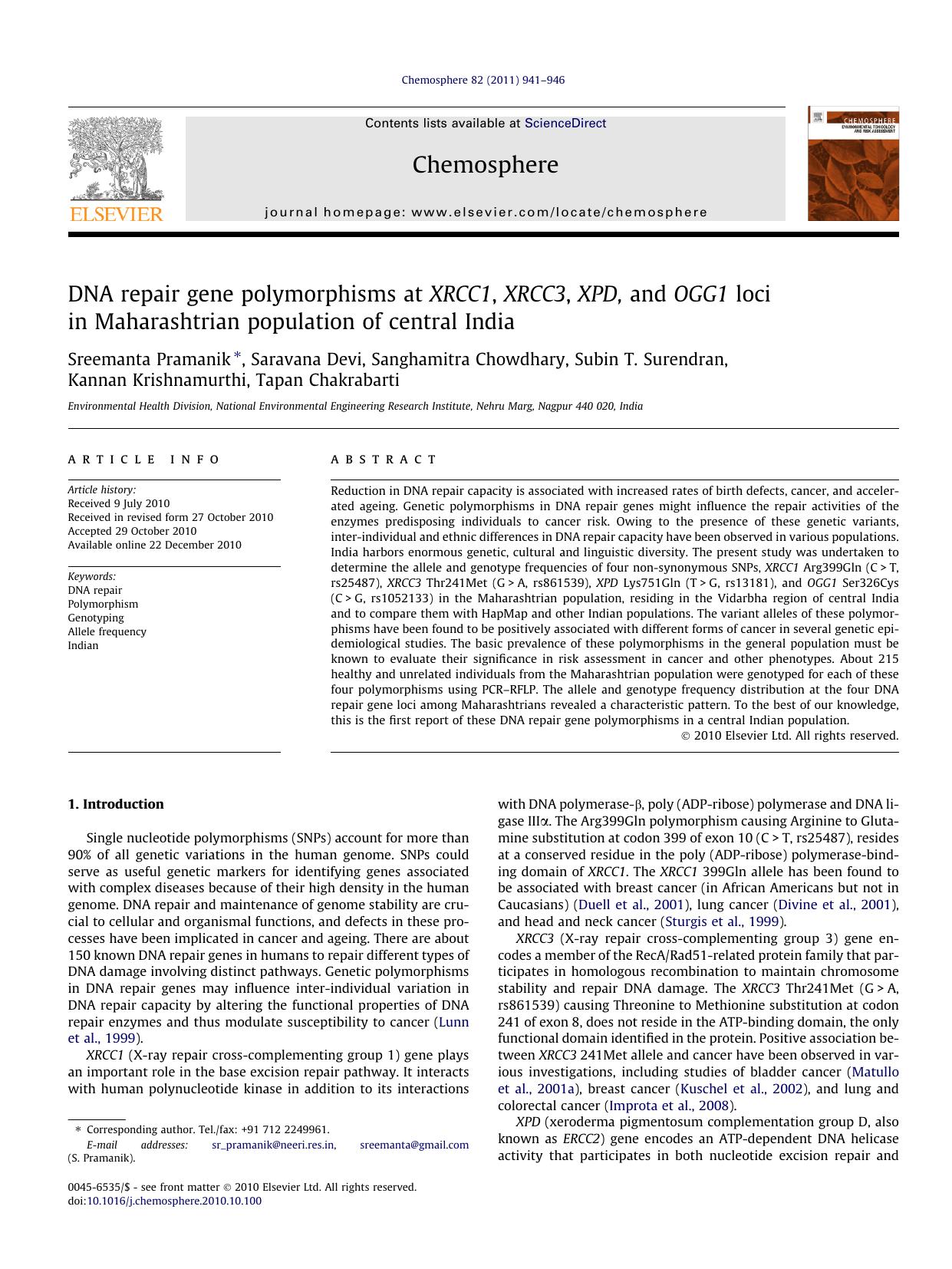 DNA repair gene polymorphisms at XRCC1, XRCC3, XPD, and OGG1 loci in Maharashtrian population of central India by unknow
