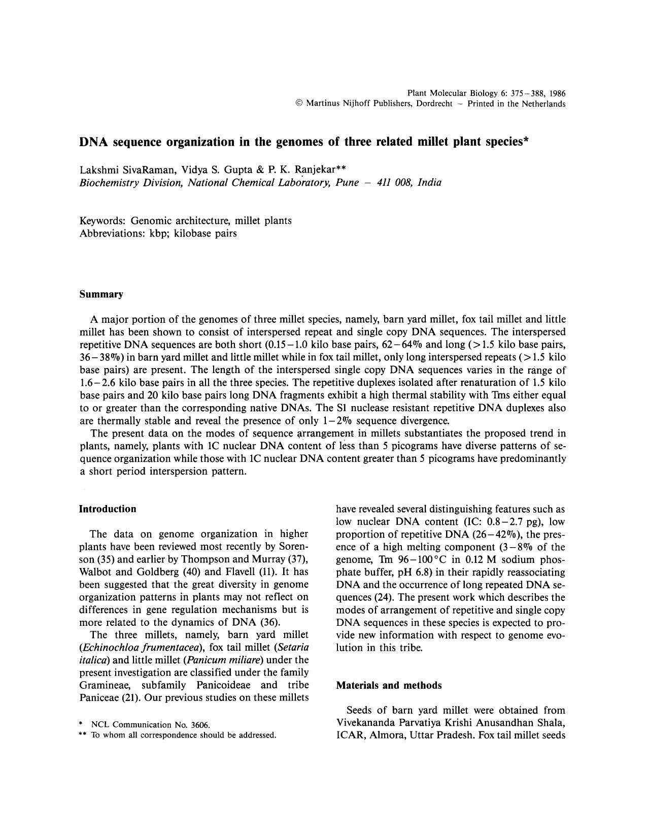 DNA sequence organization in the genomes of three related millet plant species by Unknown