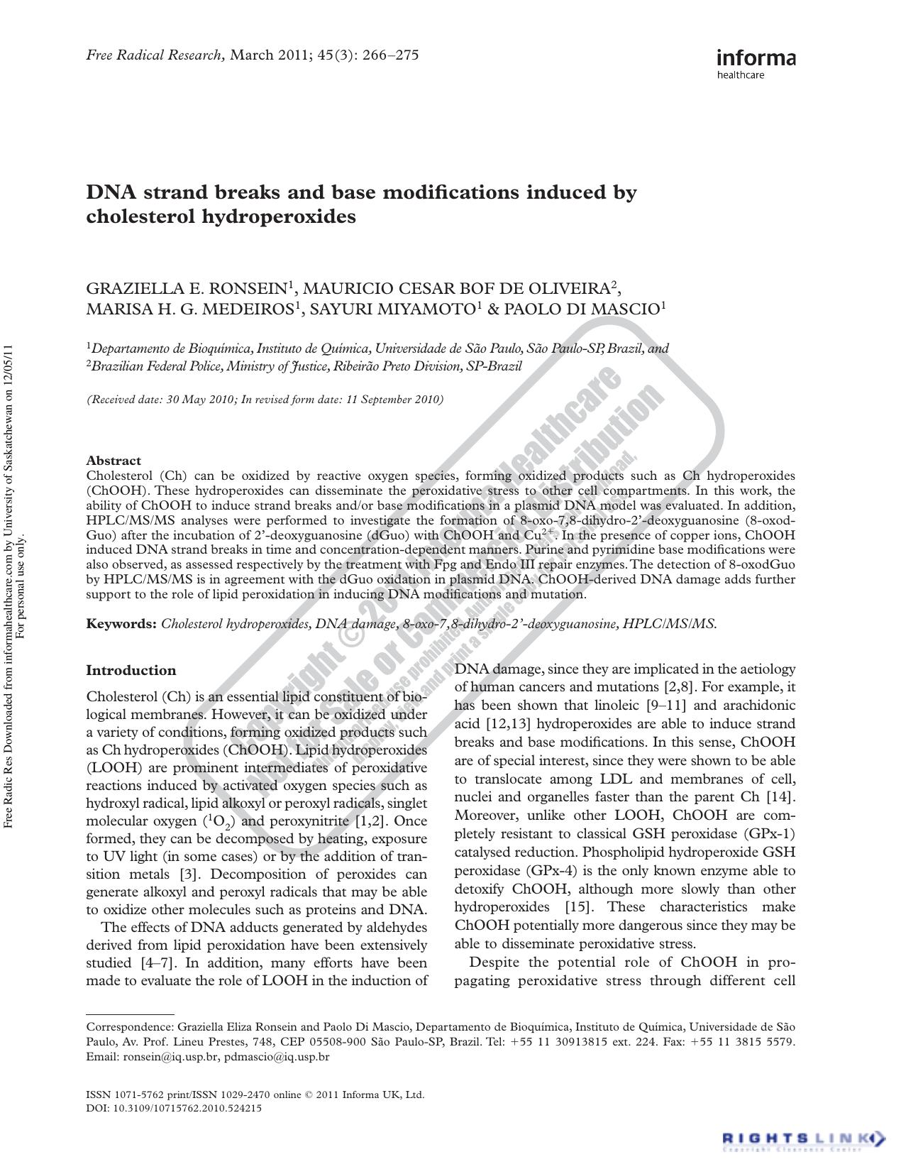 DNA strand breaks and base modifications induced by cholesterol hydroperoxides by unknow