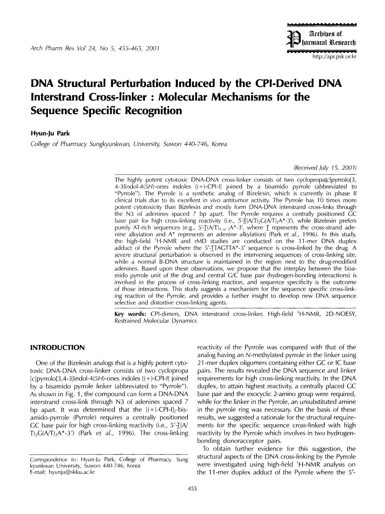 DNA structural perturbation induced by the CPI-derived DNA interstrand cross-linker: molecular mechanisms for the sequence specific recognition by Unknown