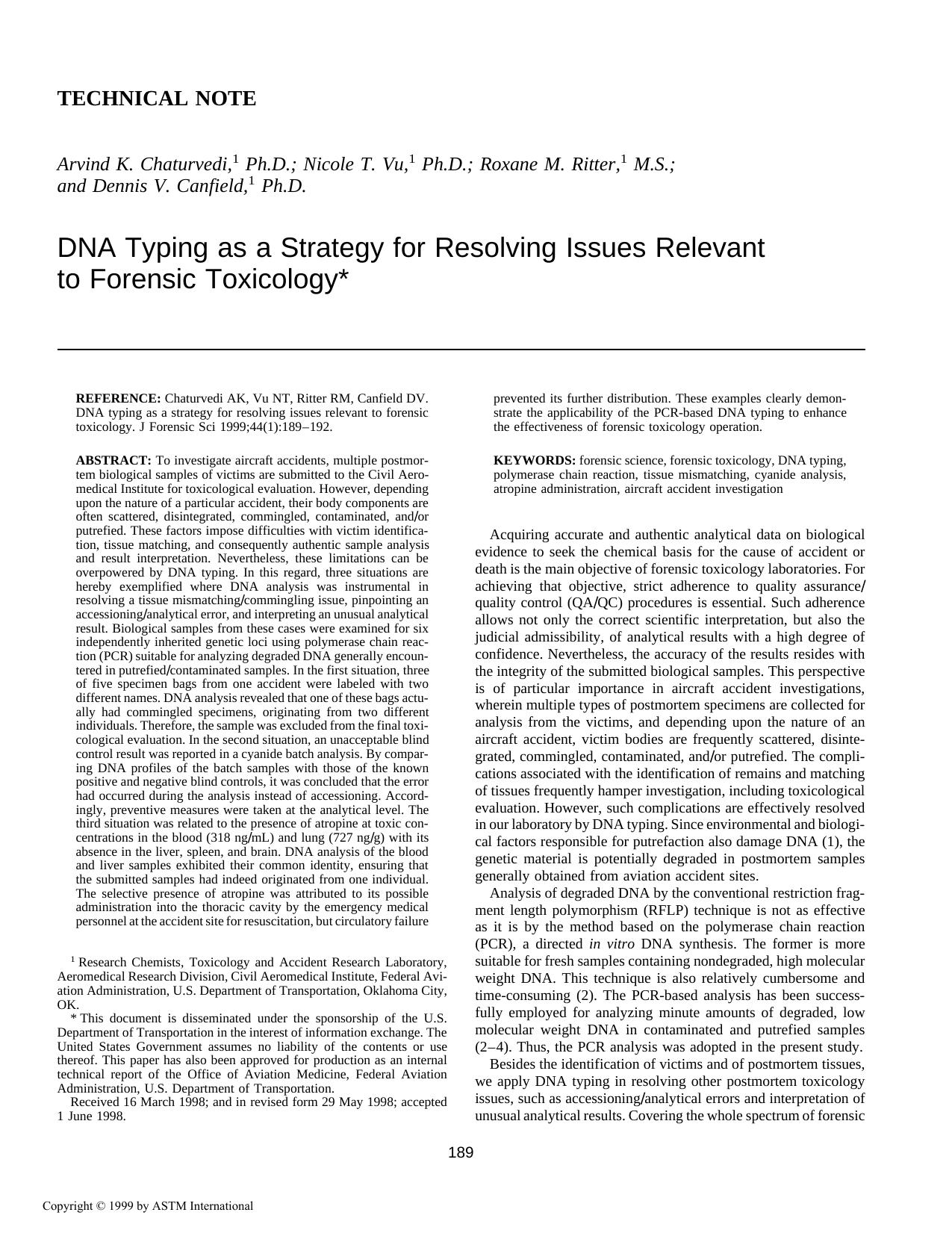 DNA typing as a strategy for resolving issuses relevant to forensic toxicology by Chaturvedi AK Vu NT Ritter RM Canfield DV