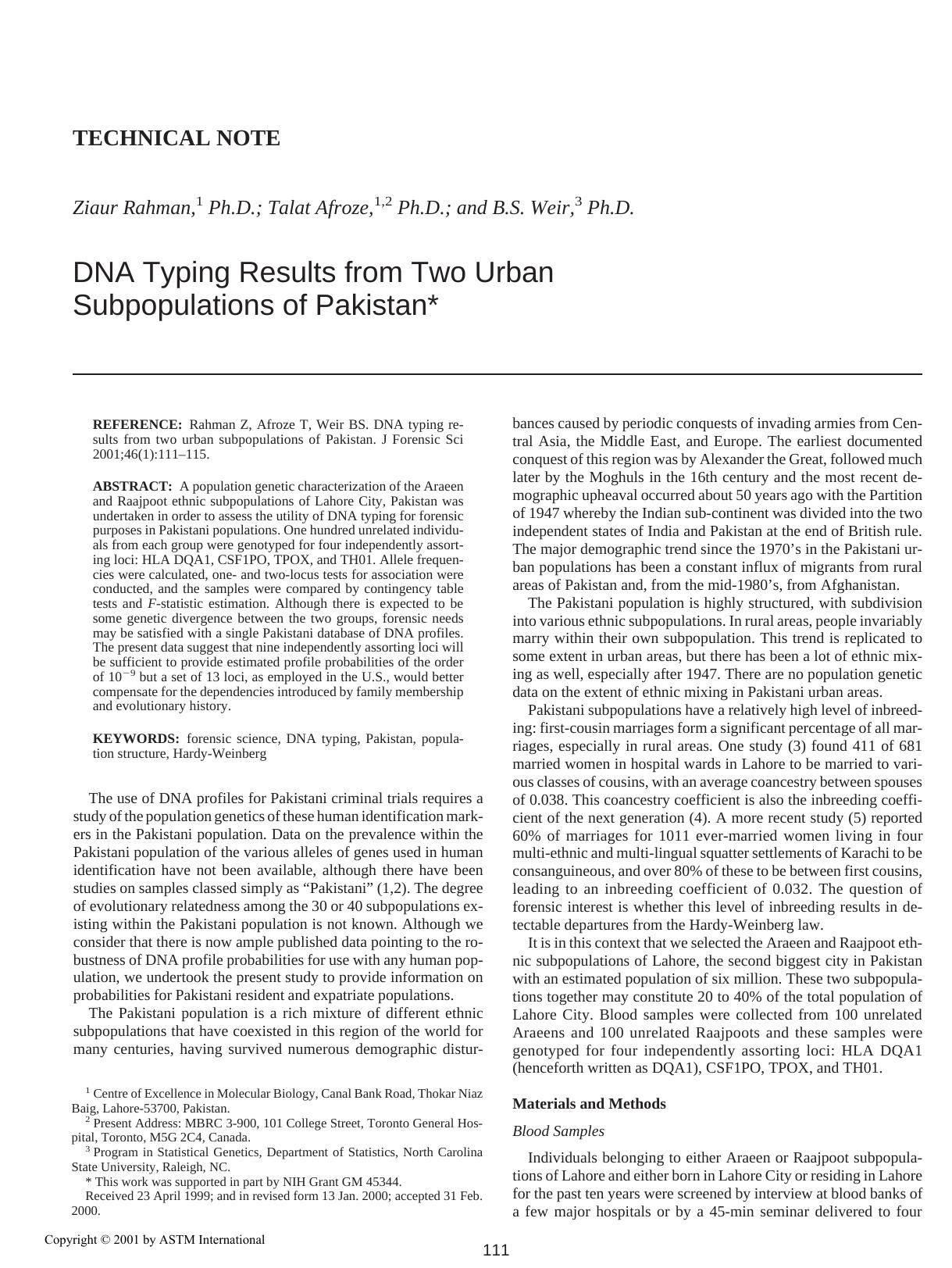 DNA typing results from two urban subpopulations of Pakistan by Rahman Z Afroze T Weir BS