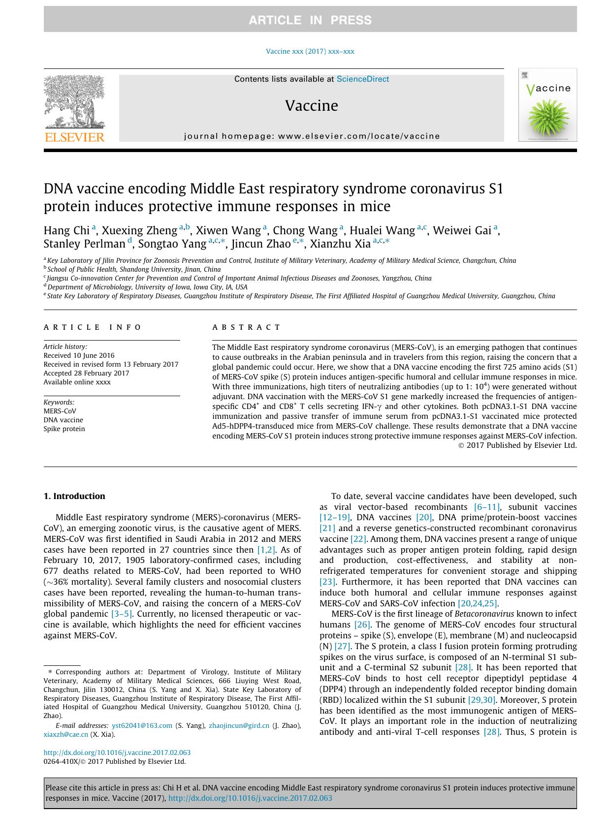 DNA vaccine encoding Middle East respiratory syndrome coronavirus S1 protein induces protective immune responses in mice by unknow