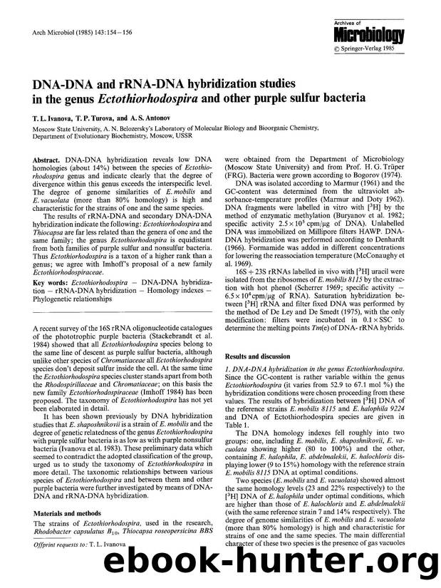 DNA-DNA and rRNA-DNA hybridization studies in the genus <Emphasis Type="Italic">Ectothiorhodospira<Emphasis> and other purple sulfur bacteria by Unknown