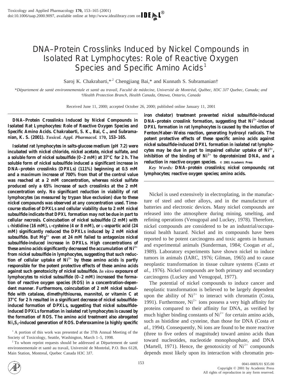 DNA-Protein Crosslinks Induced by Nickel Compounds in Isolated Rat Lymphocytes. Role of Reactive Oxygen Species and Specific Amino Acids by Chakrabarti S. K. et al