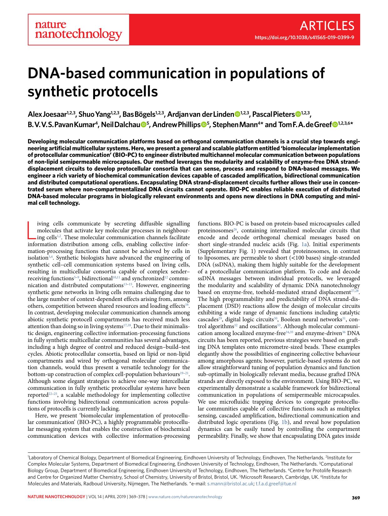DNA-based communication in populations of synthetic protocells by unknow