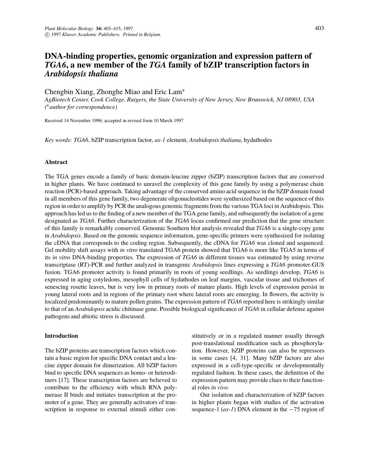 DNA-binding properties, genomic organization and expression pattern of TGA6, a new member of the TGA family of bZIP transcription factors in Arabidopsis thaliana by Unknown
