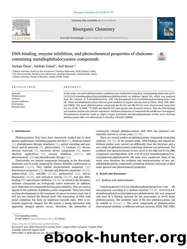 DNA-binding, enzyme inhibition, and photochemical properties of chalcone-containing metallophthalocyanine compounds by Furkan Özen & Aslıhan Günel & Arif Baran