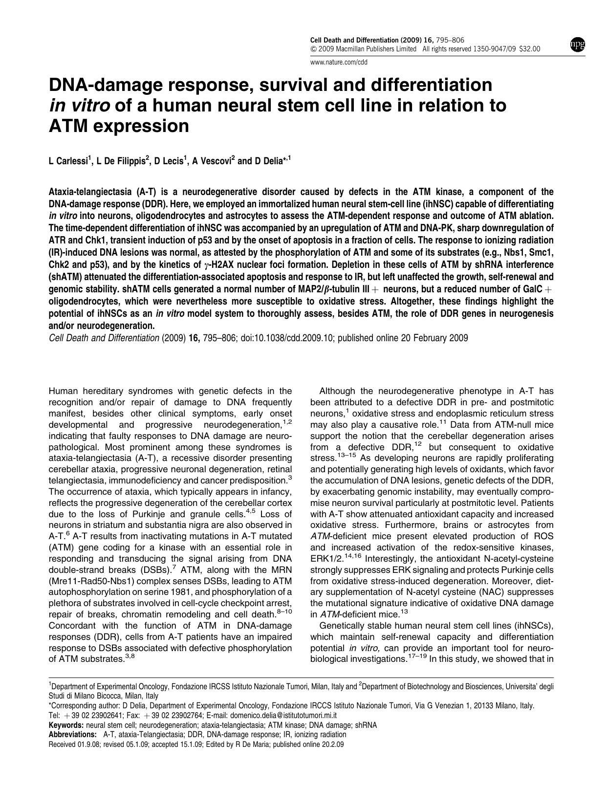 DNA-damage response, survival and differentiation in vitro of a human neural stem cell line in relation to ATM expression by L Carlessi & L De Filippis & D Lecis & A Vescovi & D Delia &