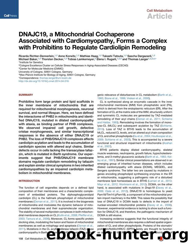 DNAJC19, a Mitochondrial Cochaperone Associated with Cardiomyopathy, Forms a Complex with Prohibitins to Regulate Cardiolipin Remodeling by unknow