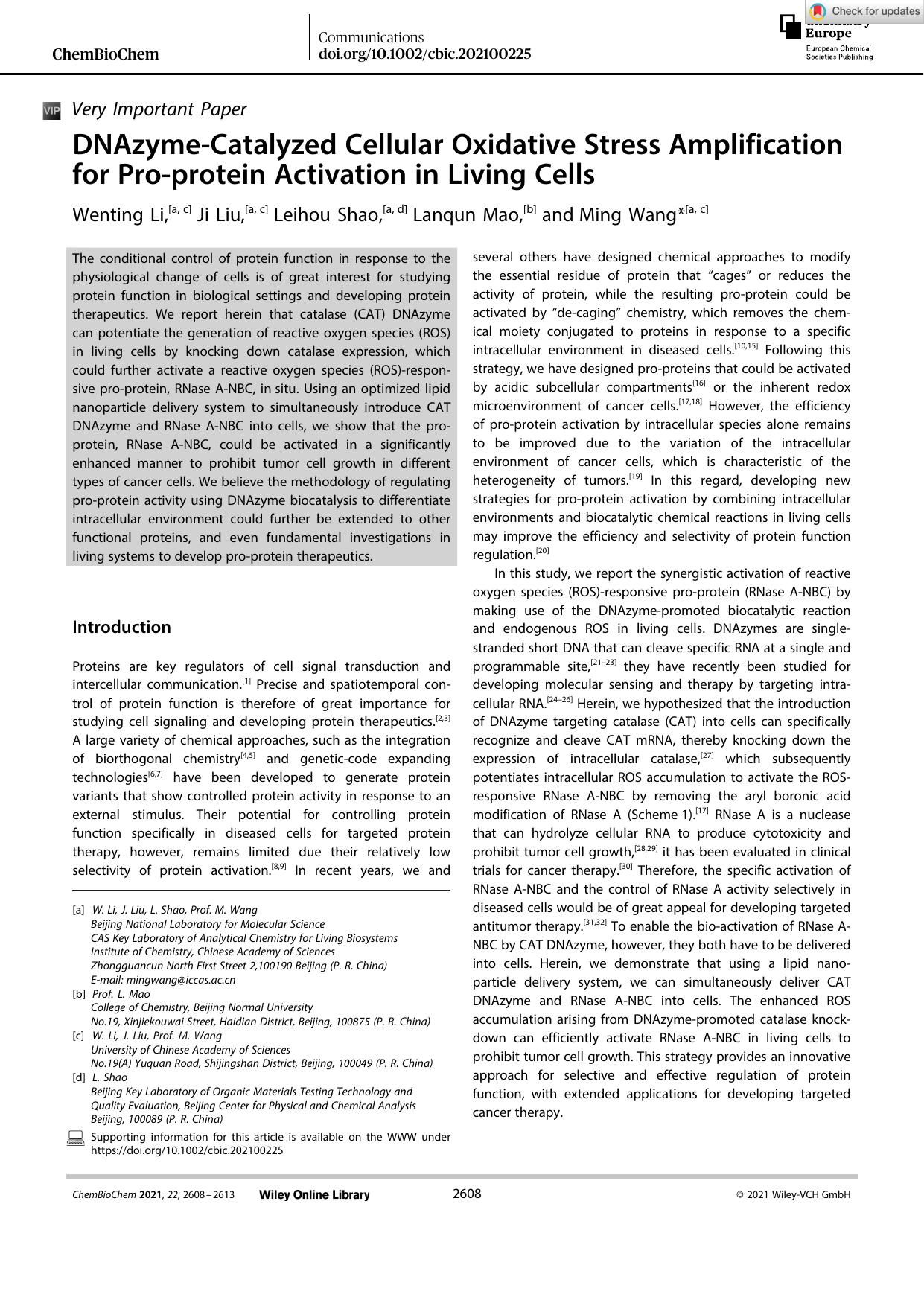 DNAzymeâCatalyzed Cellular Oxidative Stress Amplification for Proâprotein Activation in Living Cells by Unknown