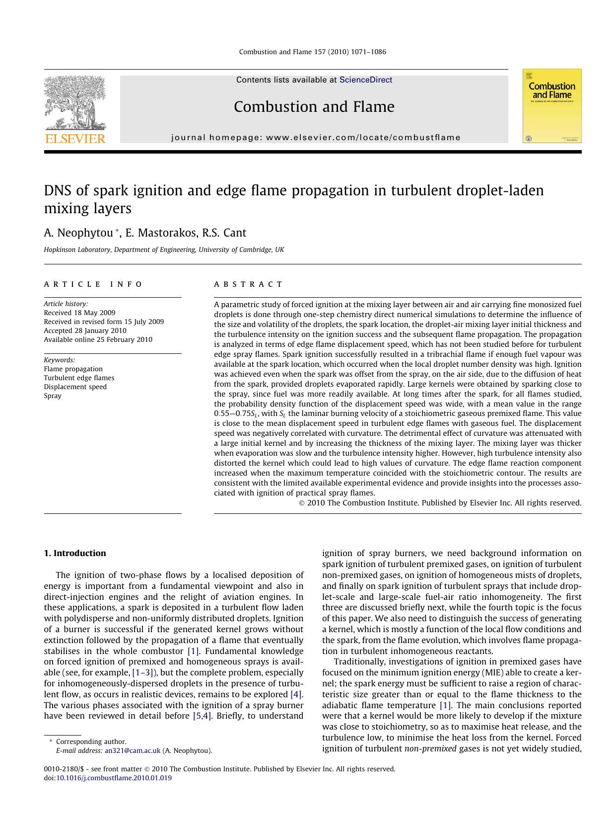 DNS of spark ignition and edge flame propagation in turbulent droplet-laden mixing layers by A. Neophytou; E. Mastorakos; R.S. Cant