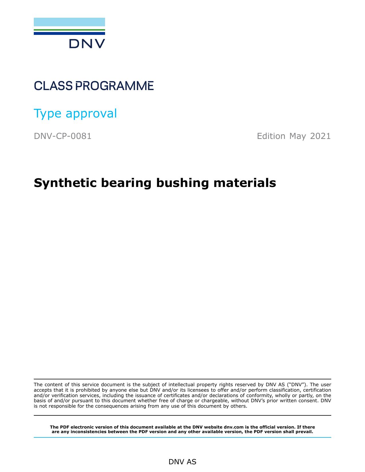 DNV-CP-0081 Synthetic bearing bushing materials by DNV AS
