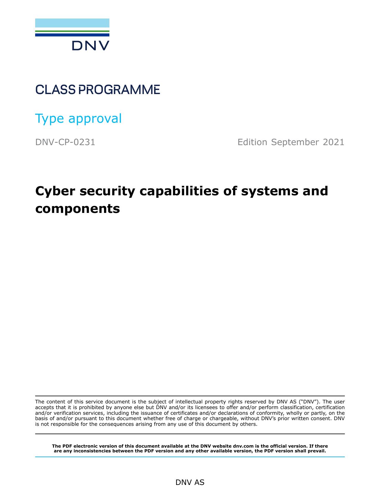 DNV-CP-0231 Cyber security capabilities of systems and components by DNV AS