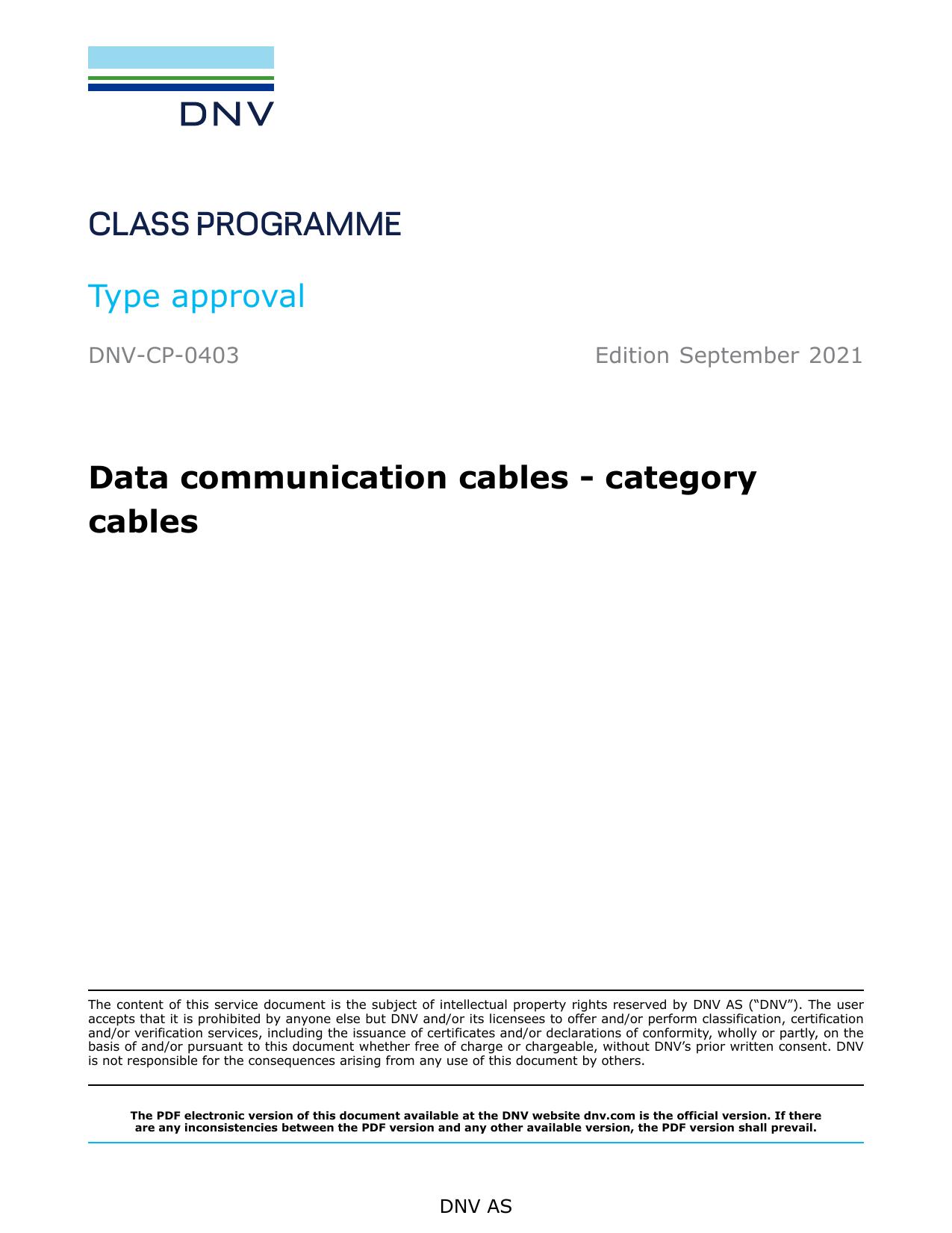 DNV-CP-0403 Data communication cables - category cables by DNV AS