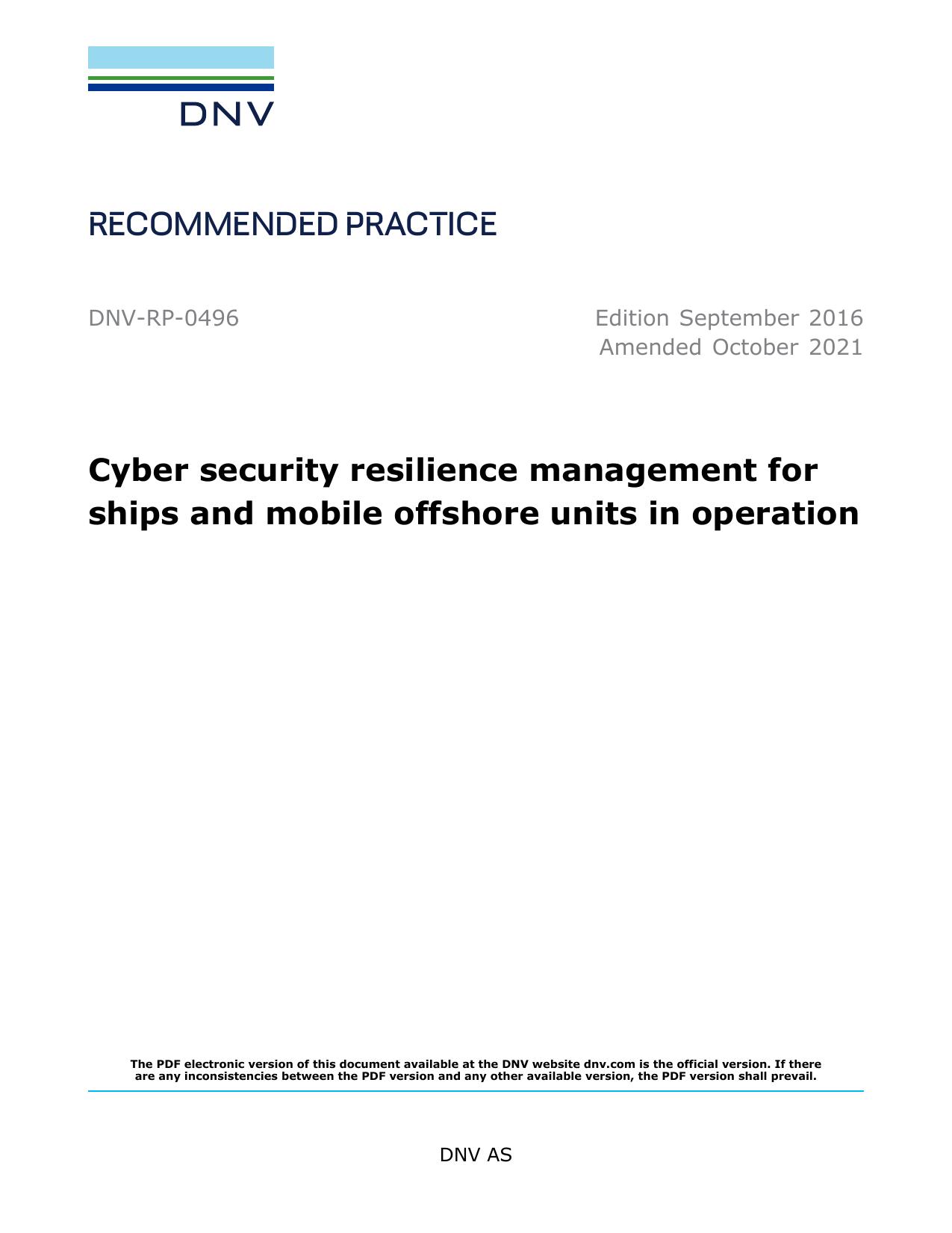 DNV-RP-0496 Cyber security resilience management for ships and mobile offshore units in operation by DNV AS