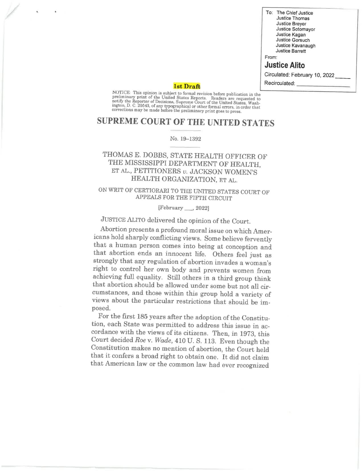 DOBBS u. JACKSON WOMEN'S HEALTH ORGANIZATION (draft) by supreme court of united states of america