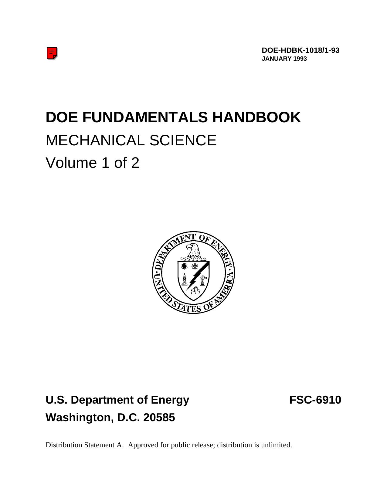 DOE-HDBK-10181-93; DOE Fundamentals Handbook Mechanical Science Volume 1 of 2 by Unknown