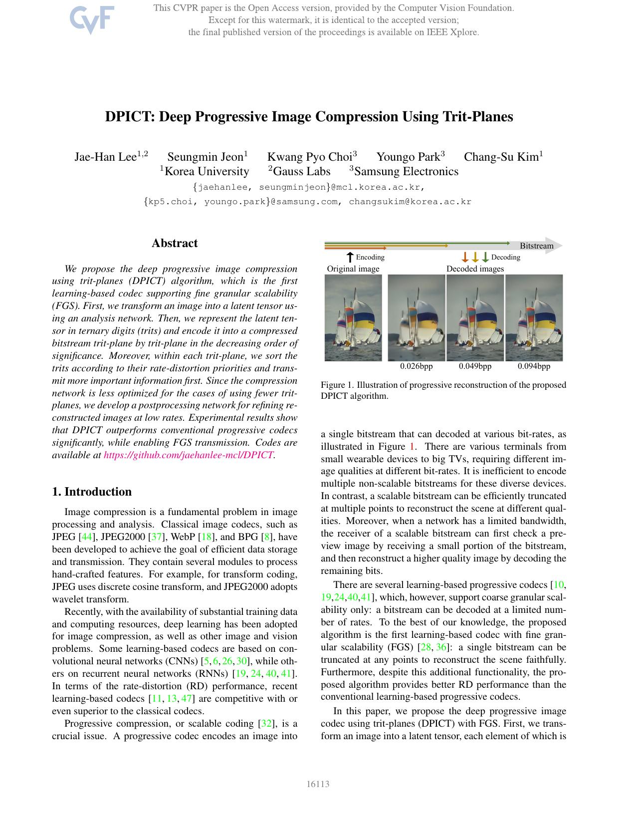 DPICT: Deep Progressive Image Compression Using Trit-Planes by Jae-Han Lee & Seungmin Jeon & Kwang Pyo Choi & Youngo Park & Chang-Su Kim