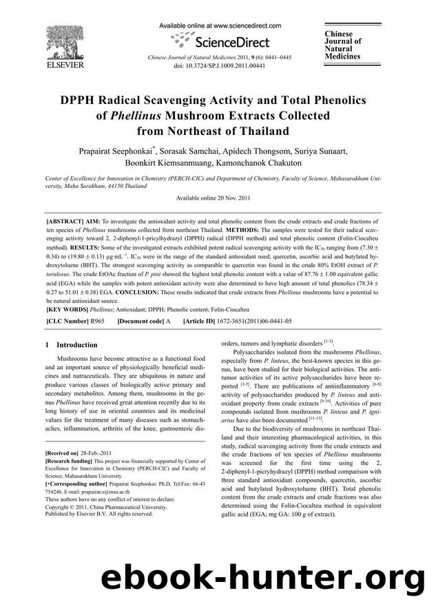 DPPH Radical Scavenging Activity and Total Phenolics of Phellinus Mushroom Extracts Collected from Northeast of Thailand by unknow