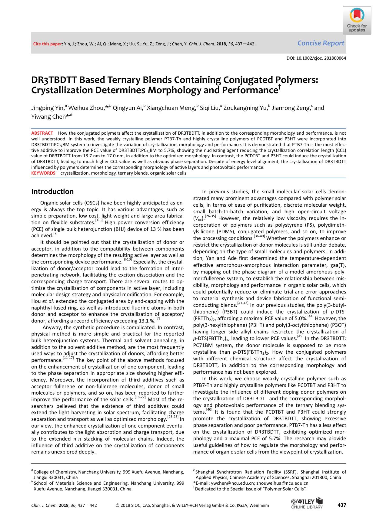 DR3TBDTT Based Ternary Blends Containing Conjugated Polymers: Crystallization Determines Morphology and Performance by unknow