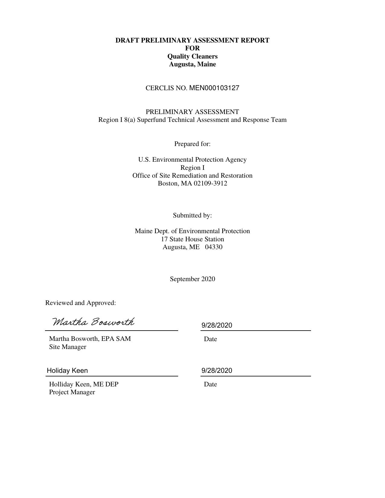 DRAFT PRELIMINARY ASSESSMENT (PA) REPORT [INCLUDES ATTACHMENTS] by NONE / ME DEPT OF ENVIRONMENTAL PROTECTION