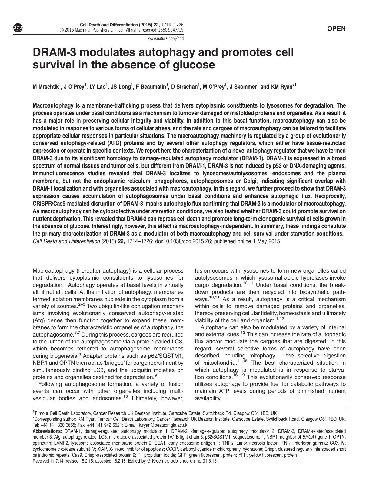 DRAM-3 modulates autophagy and promotes cell survival in the absence of glucose by unknow