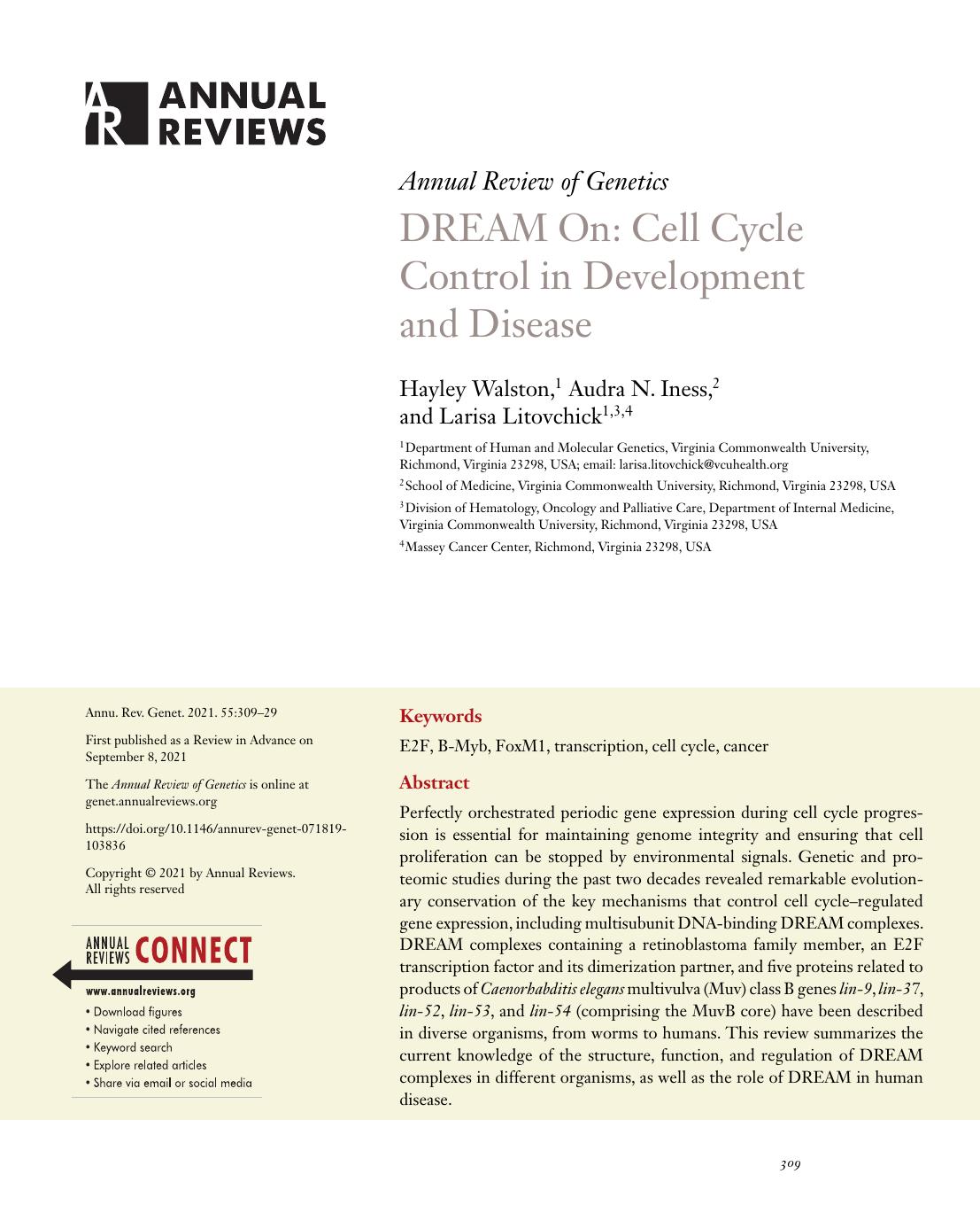 DREAM On: Cell Cycle Control in Development and Disease by Hayley Walston Audra N. Iness Larisa Litovchick