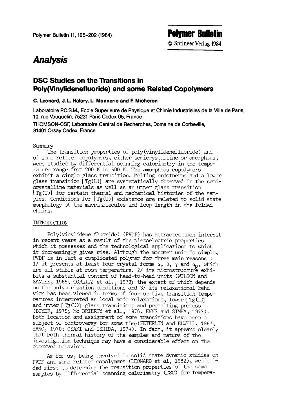 DSC studies on the transitions in poly(vinylidenefluoride) and some related copolymers by Unknown