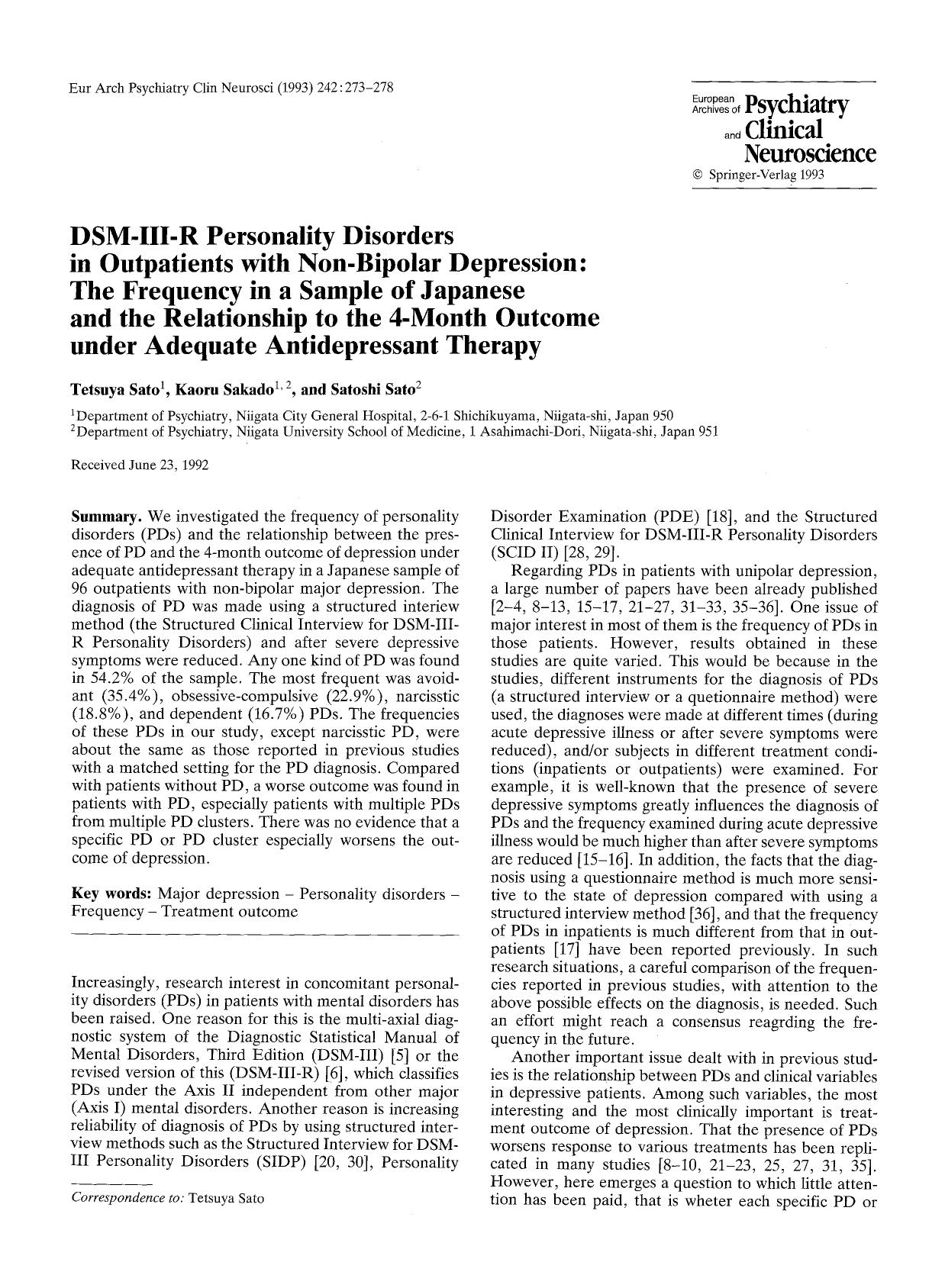 DSM-III-R personality disorders in outpatients with non-bipolar depression: The frequency in a sample of Japanese and the relationship to the 4-month outcome under adequate antidepressant therapy by Unknown