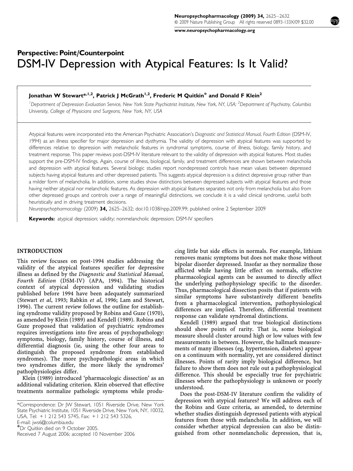 DSM-IV Depression with Atypical Features: Is It Valid&quest; by Jonathan W Stewart & Patrick J McGrath & Frederic M Quitkin & Donald F Klein