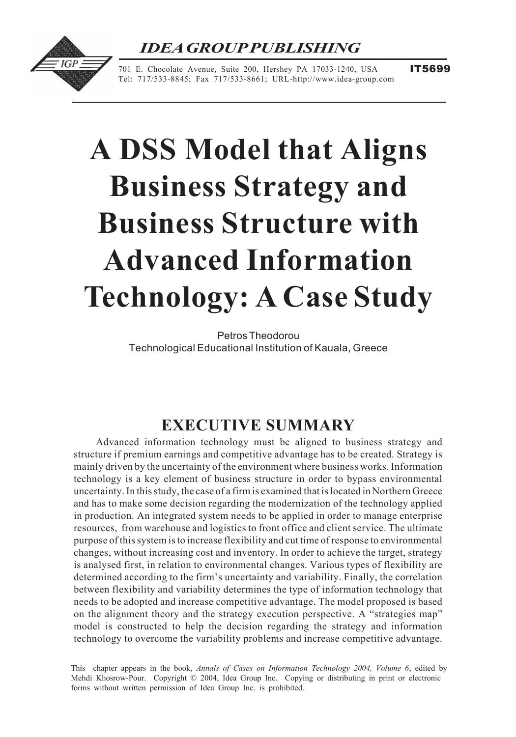 DSS Model That Aligns Business Strateegy and Business Structure with Advanced Information Technology: A Case Study by Petros Theodorou