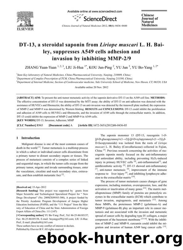 DT-13, a steroidal saponin from Liriope muscari L. H. Bailey, suppresses A549 cells adhesion and invasion by inhibiting MMP-29 by Yuan-Yuan ZHANG & Ji-Hua LIU & Jun-Ping KOU & Jun YU & Bo-Yang YU