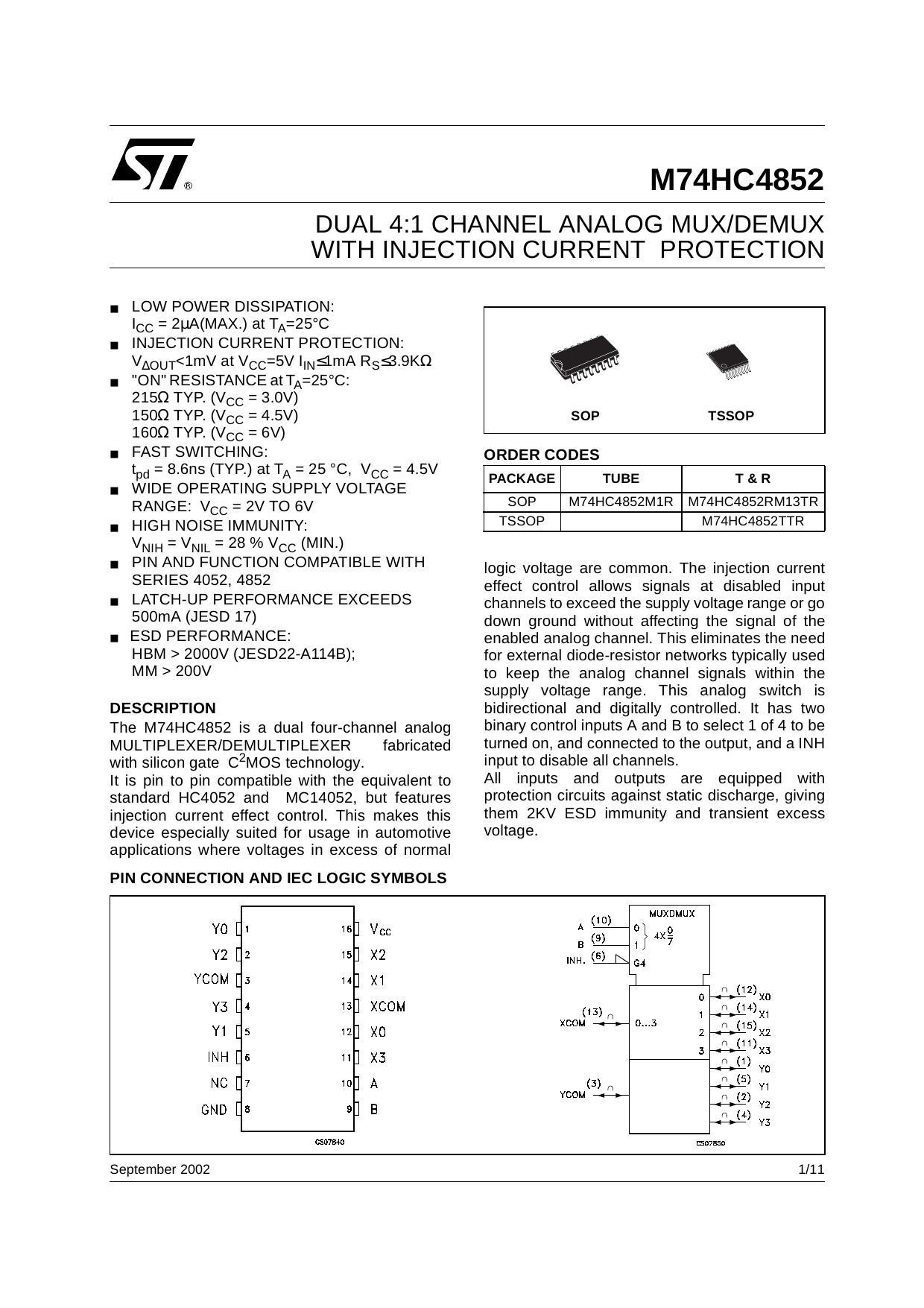 DUA 4:1 CHANNEL ANALOG MUXDMUX WITH INJECTION CURRENT PROTECTION by STMicroelectronics