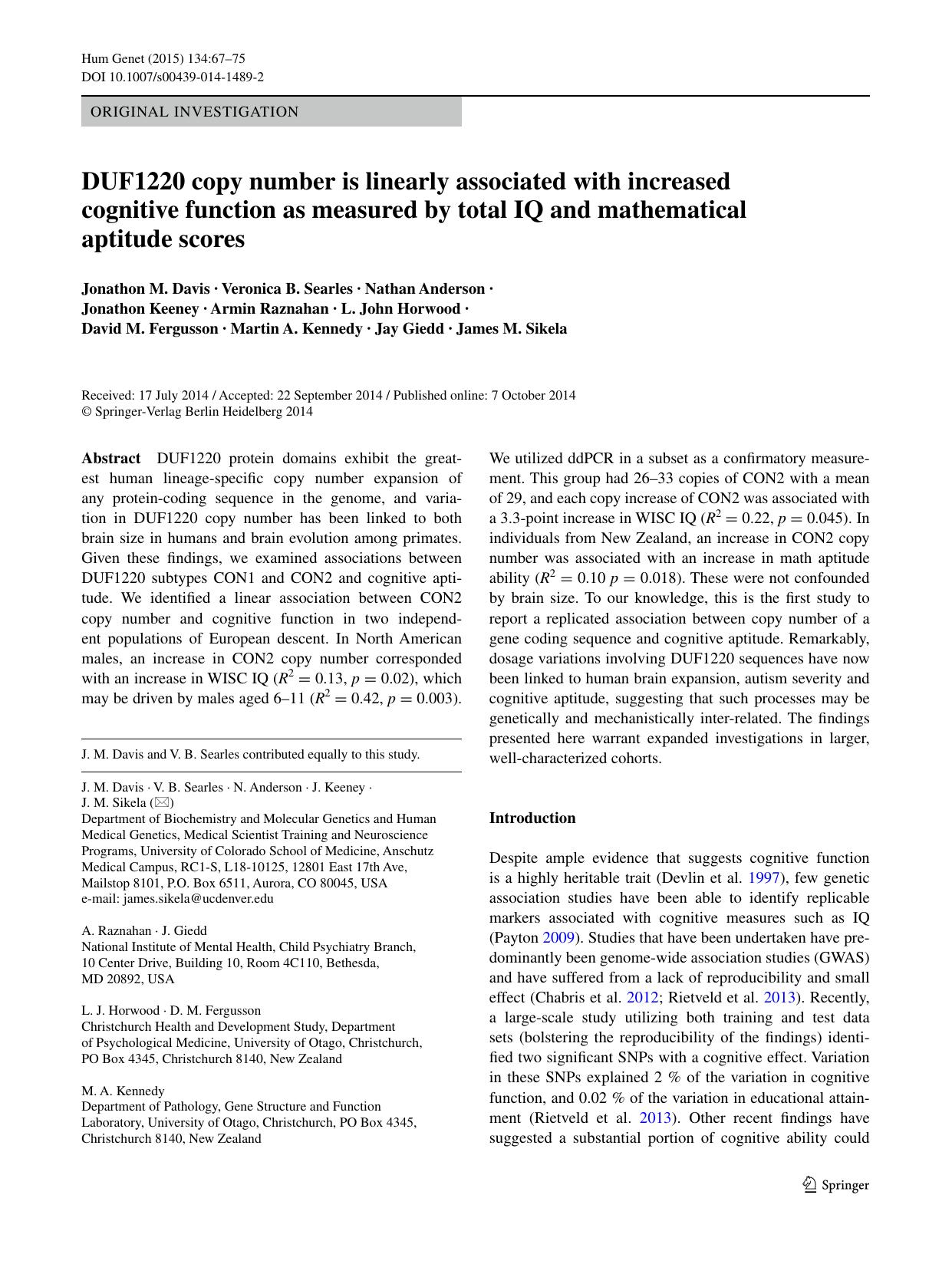 DUF1220 Copy Number is Linearly Associated with Increased Cognitive Function as Measured by total IQ and Mathematical Aptitude Scores (2015) by Jonathon M. Davis, et al by Unknown