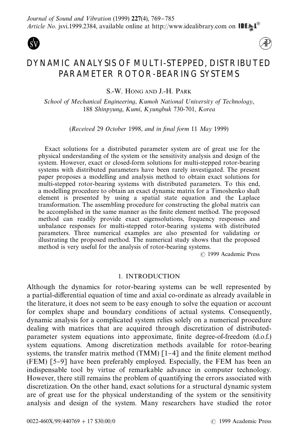DYNAMIC ANALYSIS OF MULTI-STEPPED, DISTRIBUTED PARAMETER ROTOR-BEARING SYSTEMS by HONG S. W. & PARK J. H