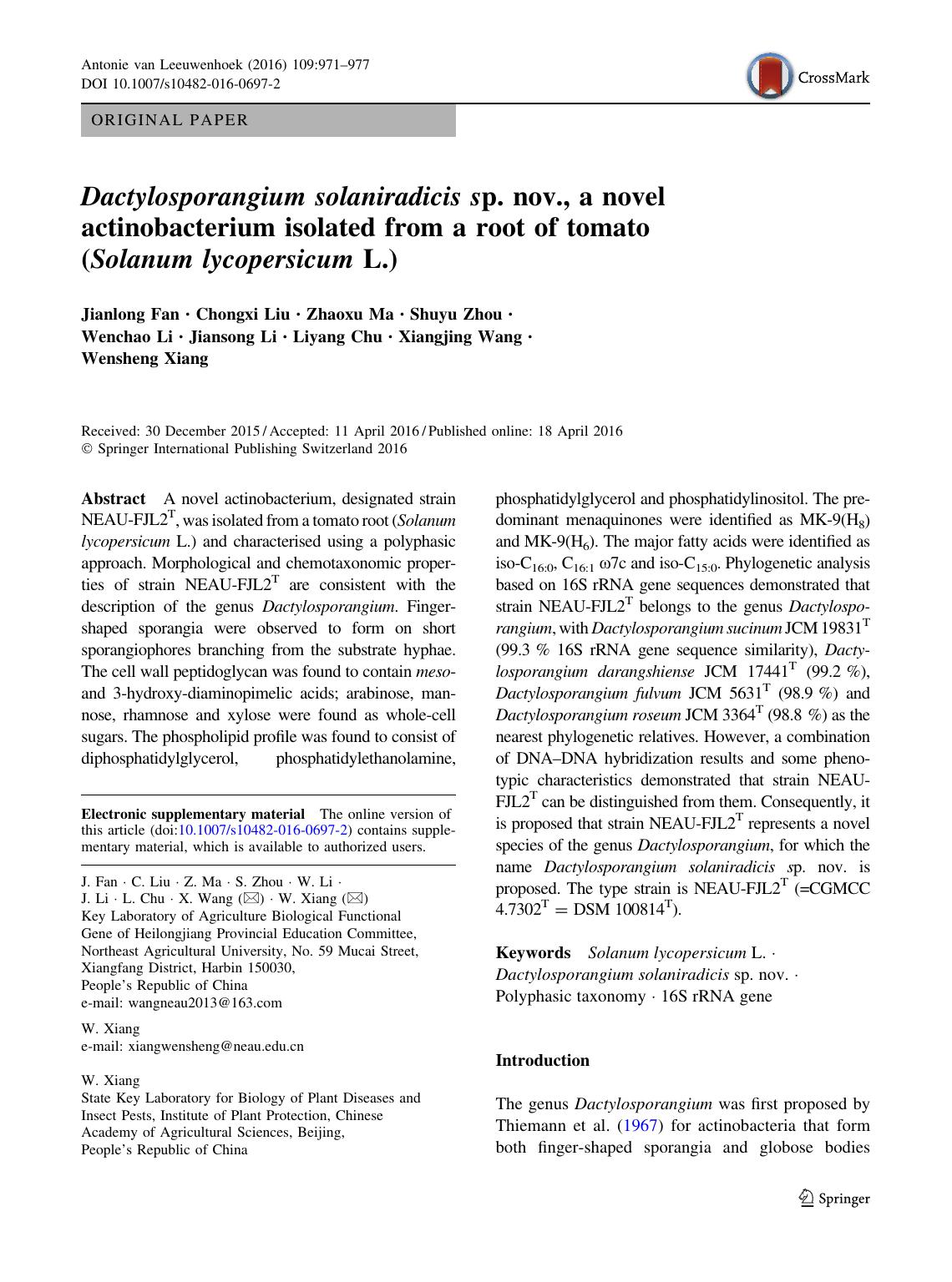 Dactylosporangium solaniradicis sp. nov., a novel actinobacterium isolated from a root of tomato (Solanum lycopersicum L.) by unknow