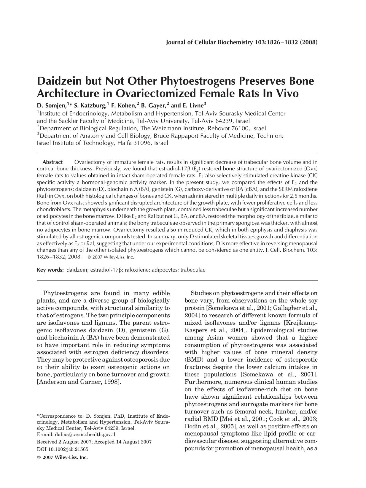 Daidzein but not other phytoestrogens preserves bone architecture in ovariectomized female rats in vivo by Unknown