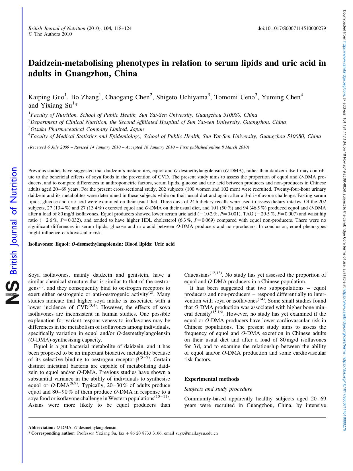 Daidzein-metabolising phenotypes in relation to serum lipids and uric acid in adults in Guangzhou, China by Kaiping Guo Bo Zhang Chaogang Chen Shigeto Uchiyama Tomomi Ueno Yuming Chen Yixiang Su