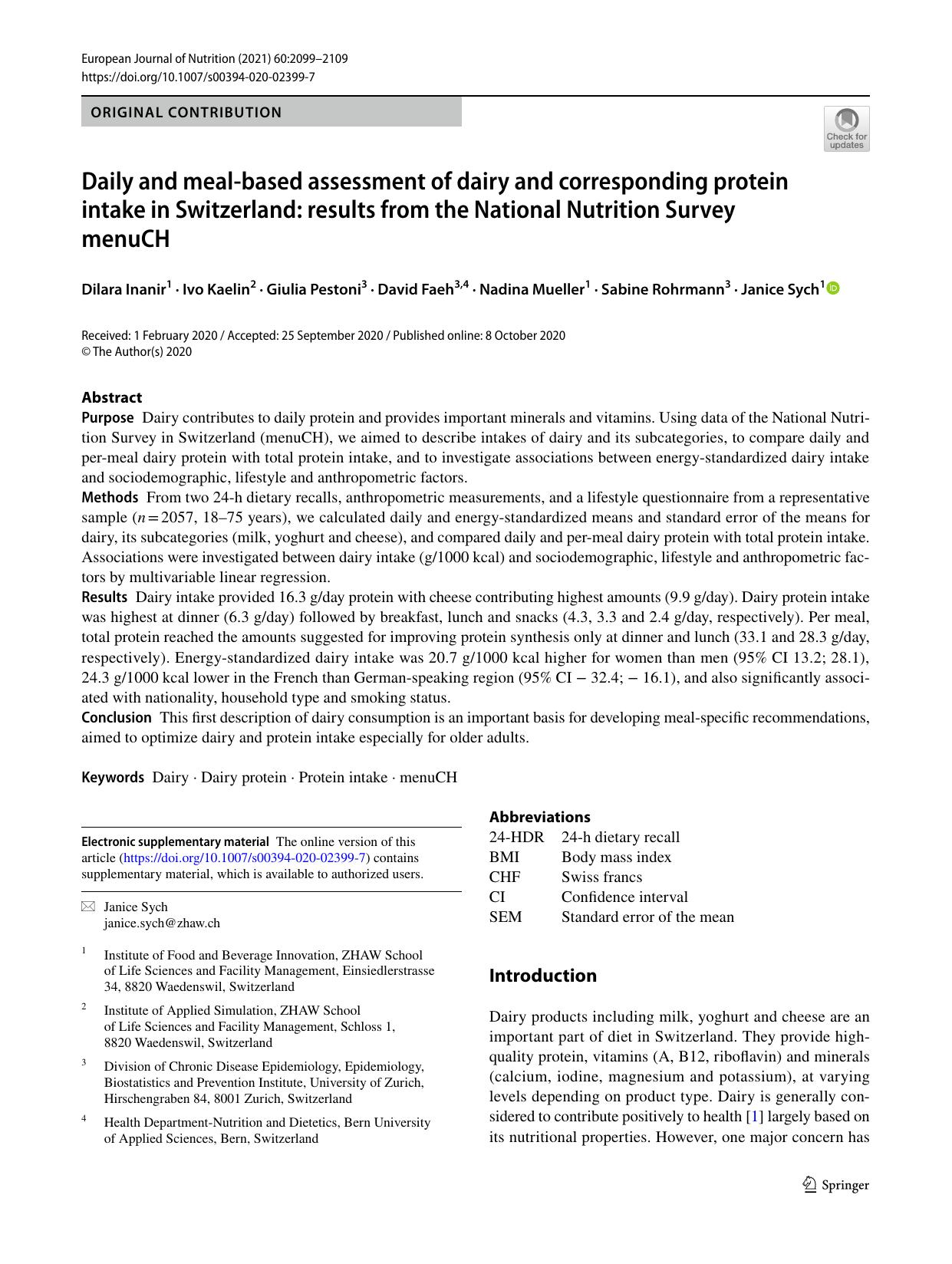 Daily and meal-based assessment of dairy and corresponding protein intake in Switzerland: results from the National Nutrition Survey menuCH by unknow