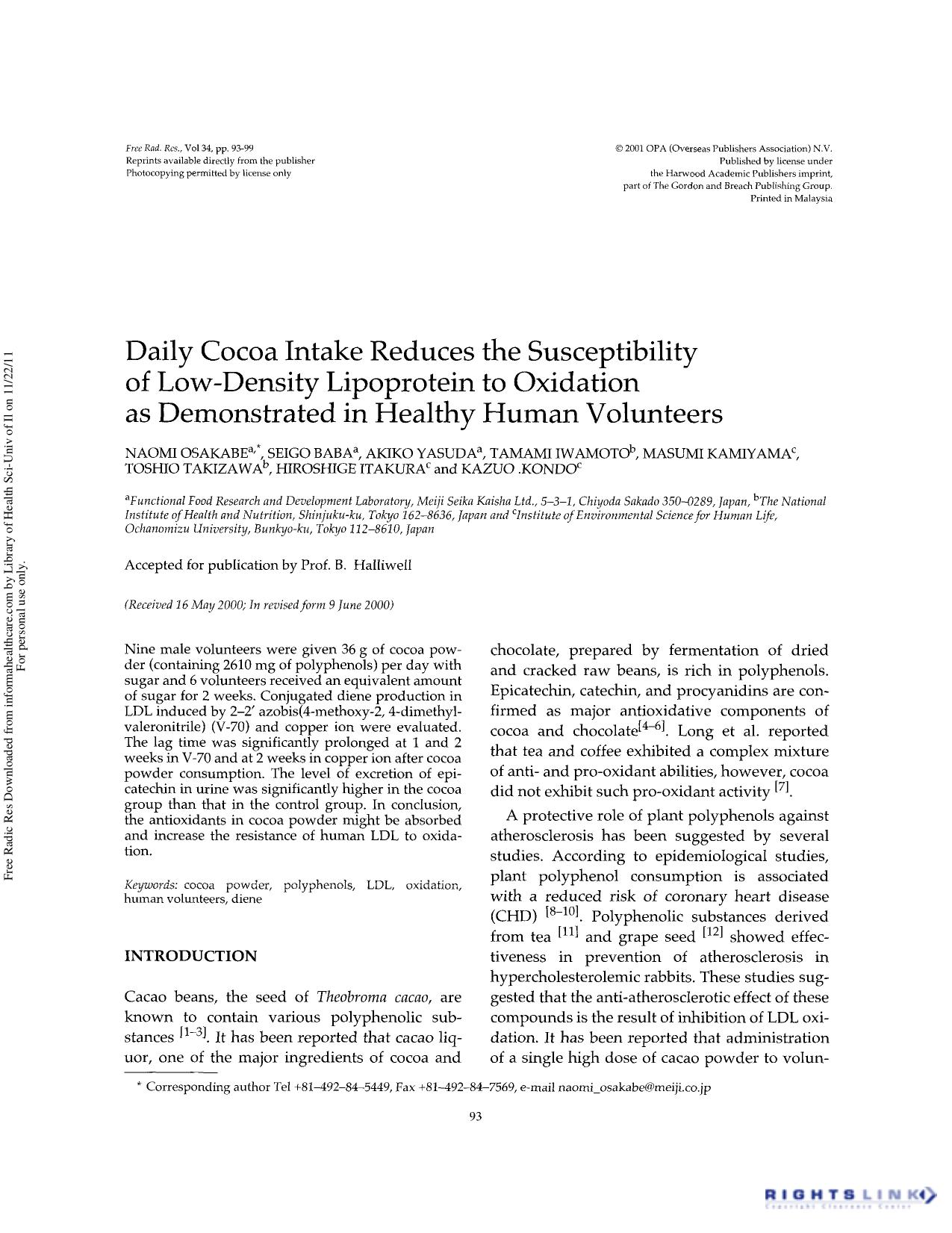 Daily cocoa intake reduces the susceptibility of low-density lipoprotein to oxidation as demonstrated in healthy human volunteers by unknow
