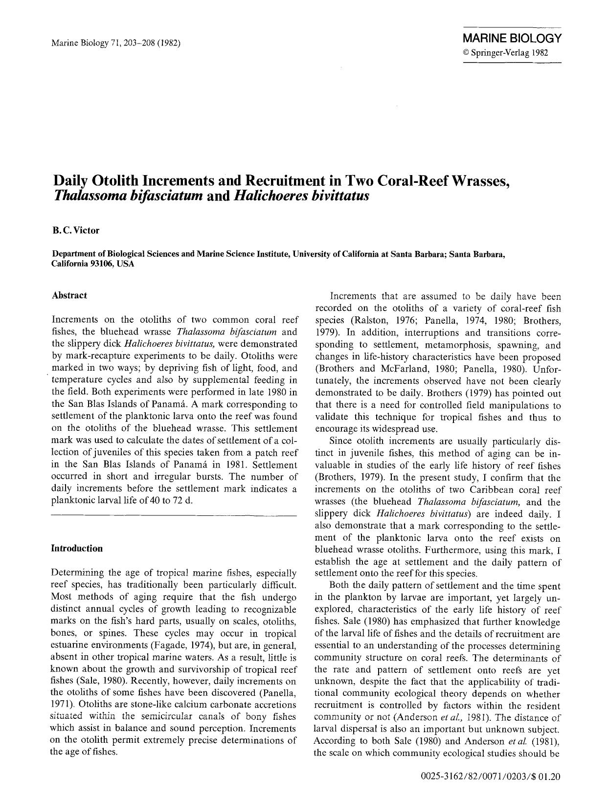 Daily otolith increments and recruitment in two coral-reef wrasses, <Emphasis Type="Italic">Thalassoma bifasciatum<Emphasis> and <Emphasis Type="Italic">Halichoeres bivittatus<Emphasis> by Unknown