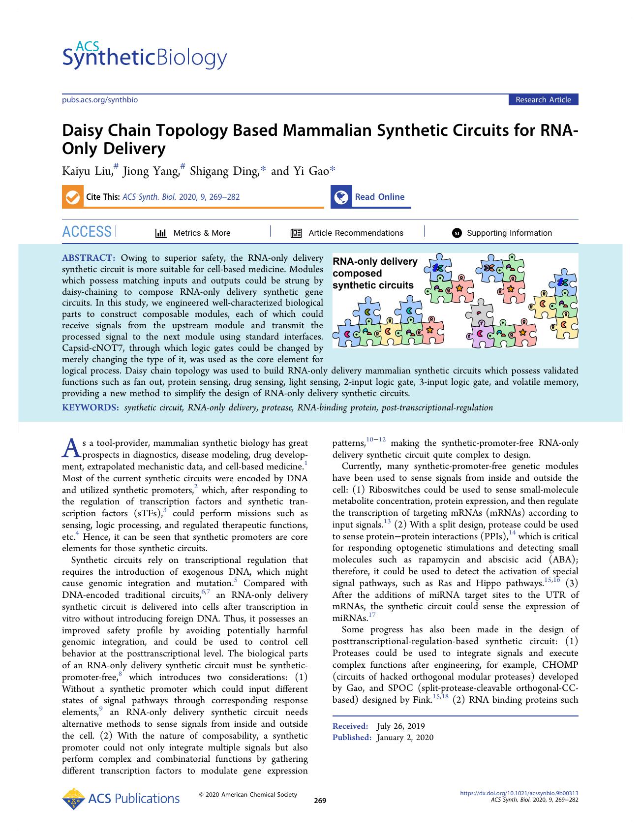Daisy Chain Topology Based Mammalian Synthetic Circuits for RNA-Only Delivery by Kaiyu Liu Jiong Yang Shigang Ding and Yi Gao