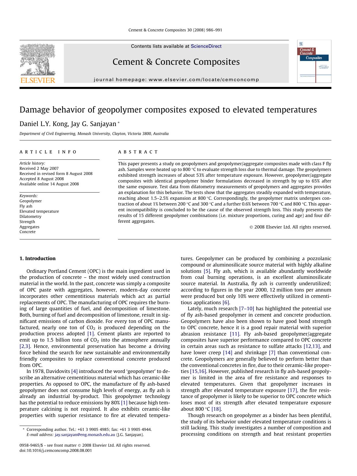 Damage behavior of geopolymer composites exposed to elevated temperatures by Daniel L.Y. Kong; Jay G. Sanjayan