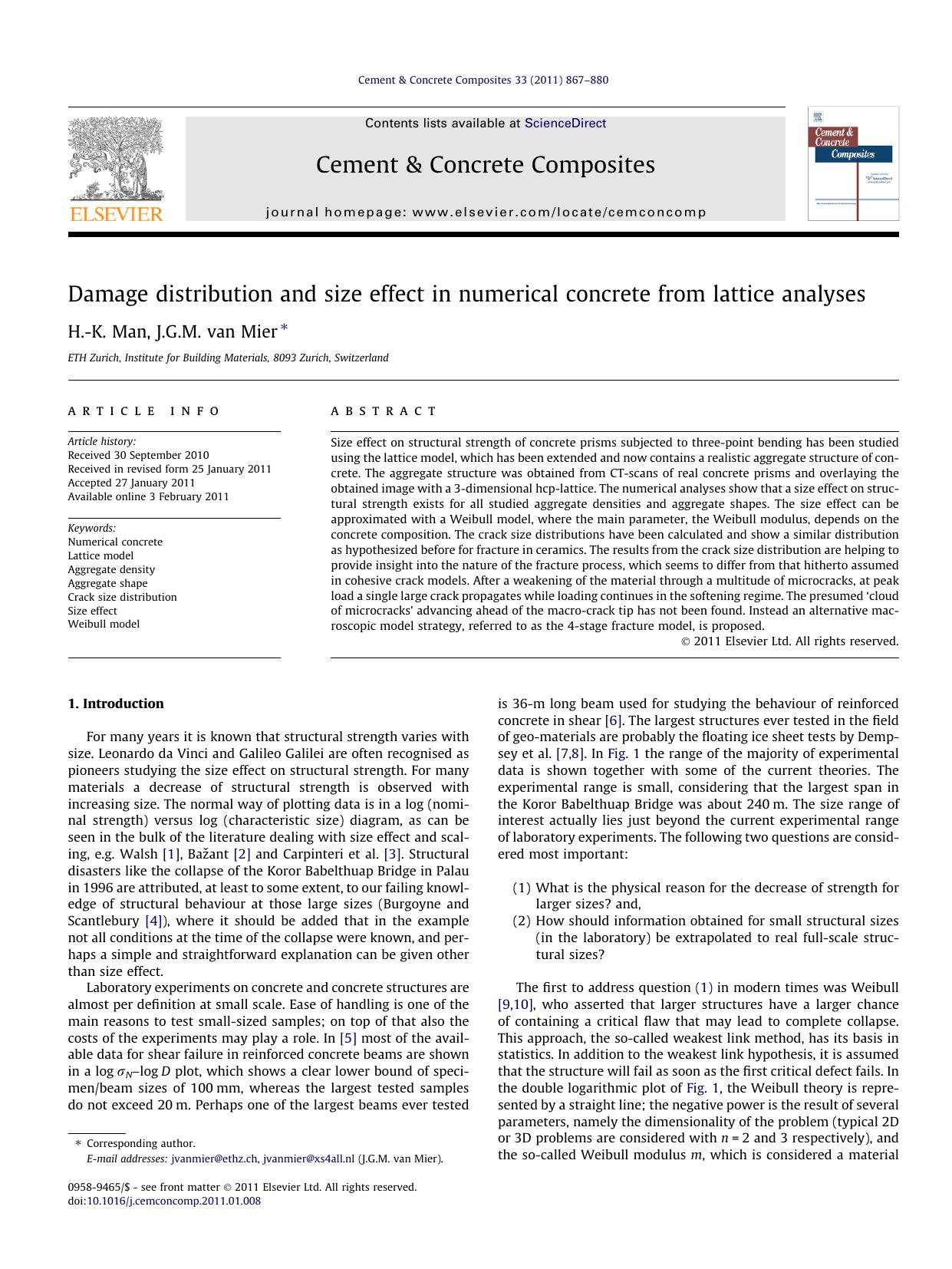 Damage distribution and size effect in numerical concrete from lattice analyses by H.-K. Man & J.G.M. van Mier