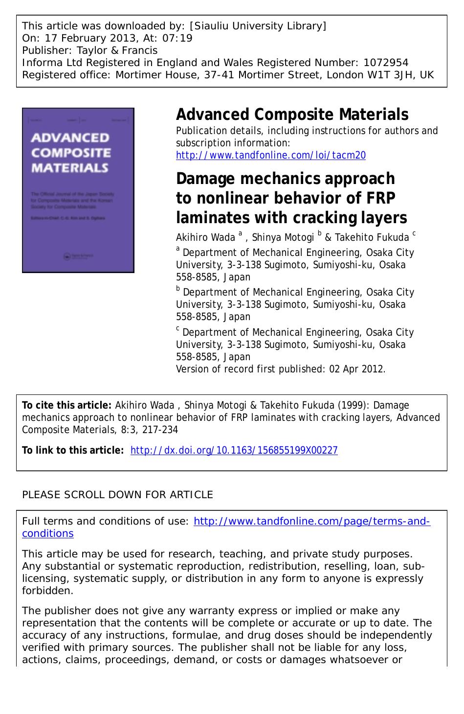 Damage mechanics approach to nonlinear behavior of FRP laminates with cracking layers by Akihiro Wada Shinya Motogi & Takehito Fukuda