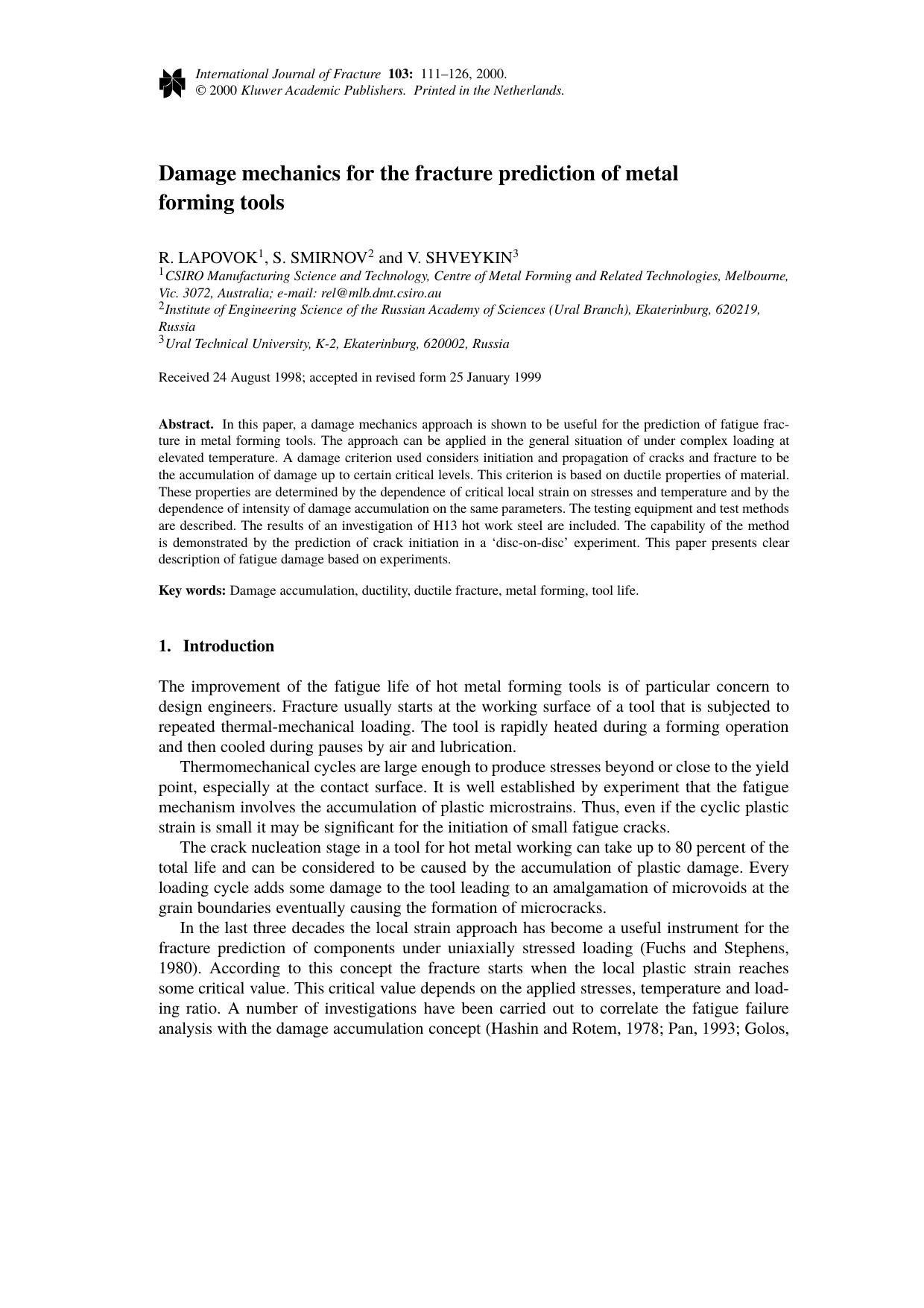 Damage mechanics for the fracture prediction of metal forming tools by Unknown