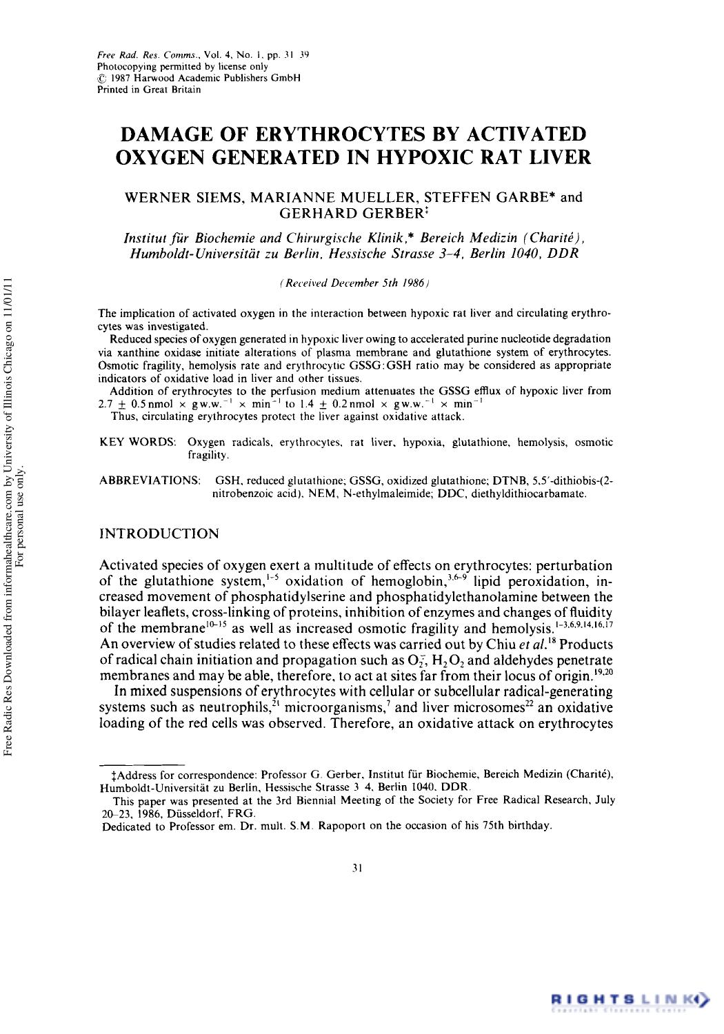 Damage of Erythrocytes by Activated Oxygen Generated in Hypoxic Rat Liver by Werner Siems1 Marianne Mueller1 Steffen Garbe2 & Gerhard Gerber1†