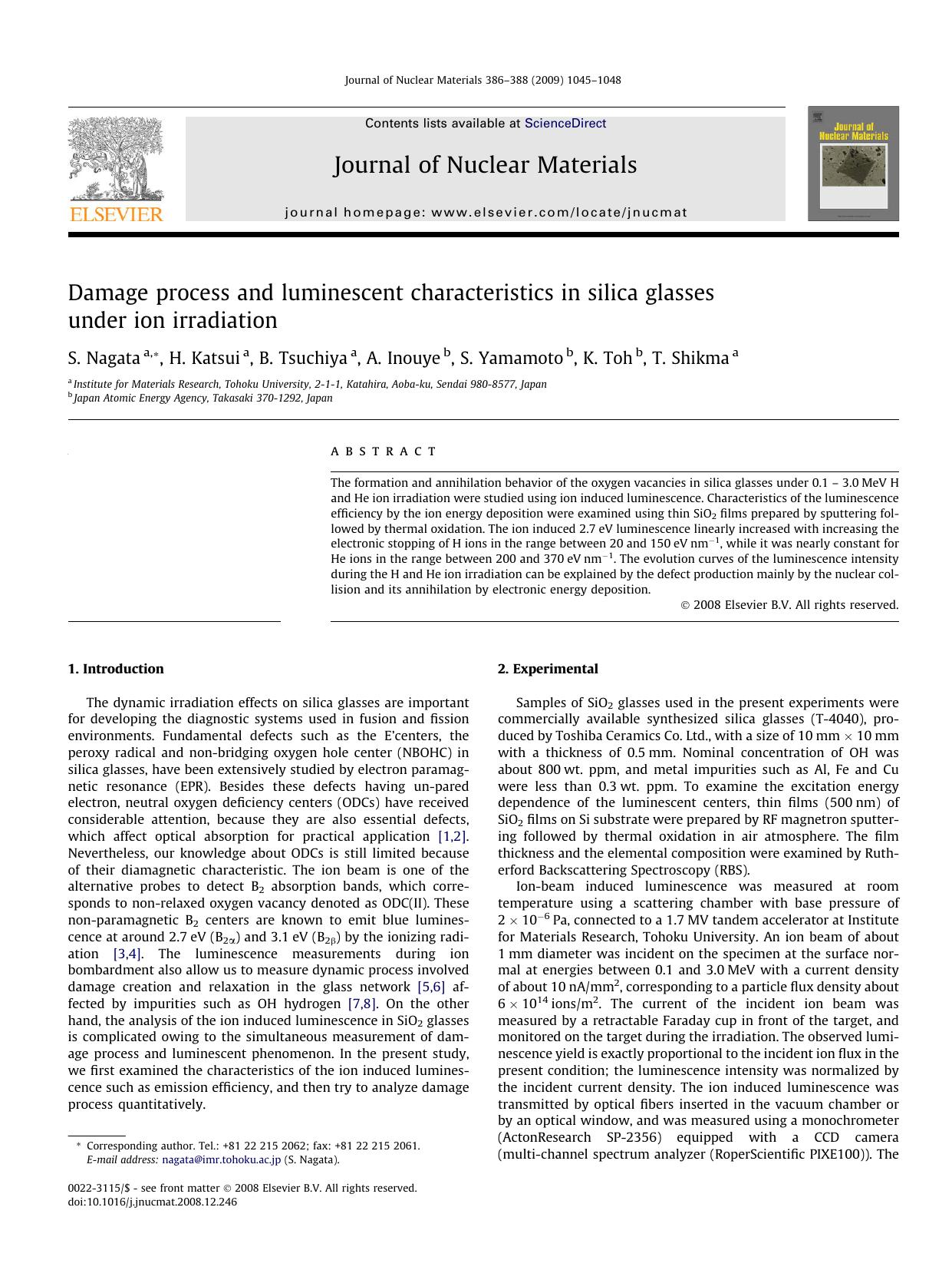Damage process and luminescent characteristics in silica glasses under ion irradiation by S. Nagata; H. Katsui; B. Tsuchiya; A. Inouye; S. Yamamoto; K. Toh; T. Shikma
